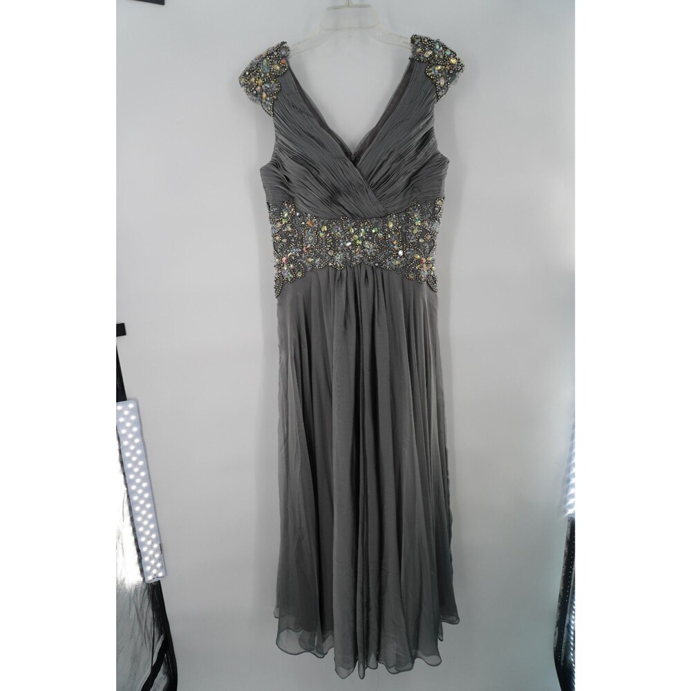 Let's Fashion Gray Chiffon Maxi Prom Gown Rhinestone Beaded Waist V Neck Sz L